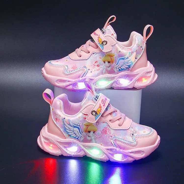 Girls LightUp Elsa Sneakers Spring 2025 Breathable Mesh Leather Sports Shoes Versatile School Play WearT251017