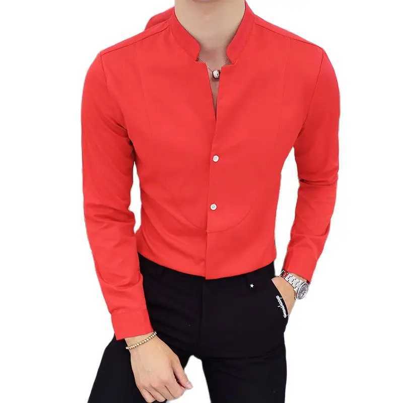 Black Male Stretch Long Sleeve ShirtsMens High Quality Stand Collar Pure Slim Fit Business Shirt Red White Camisa Man Chemise J251017