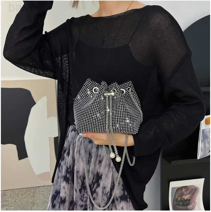 Womens Sparkly Rhinestone Purse Glitter Handbag Evening Drawstring Bucket Crossbody Bag for Wedding Party Prom Z251017