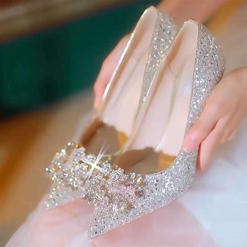 P7 French Sequined Crystal Dia Engagement Wedding Dress Xiuhe Bridesmaid Bride Shoes Banquet Not Tired Feet High Heels