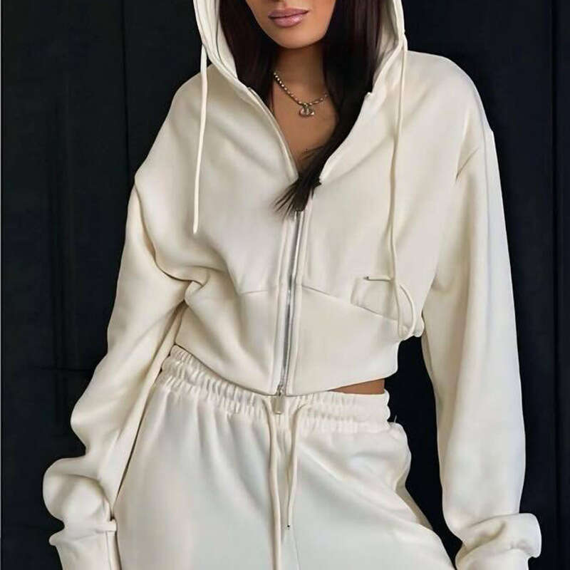 Autumn New Casual Women's Long Sleeve Zipper Hooded Sweatshirt Solid Color Drawstring Pants Two-Piece Set B5