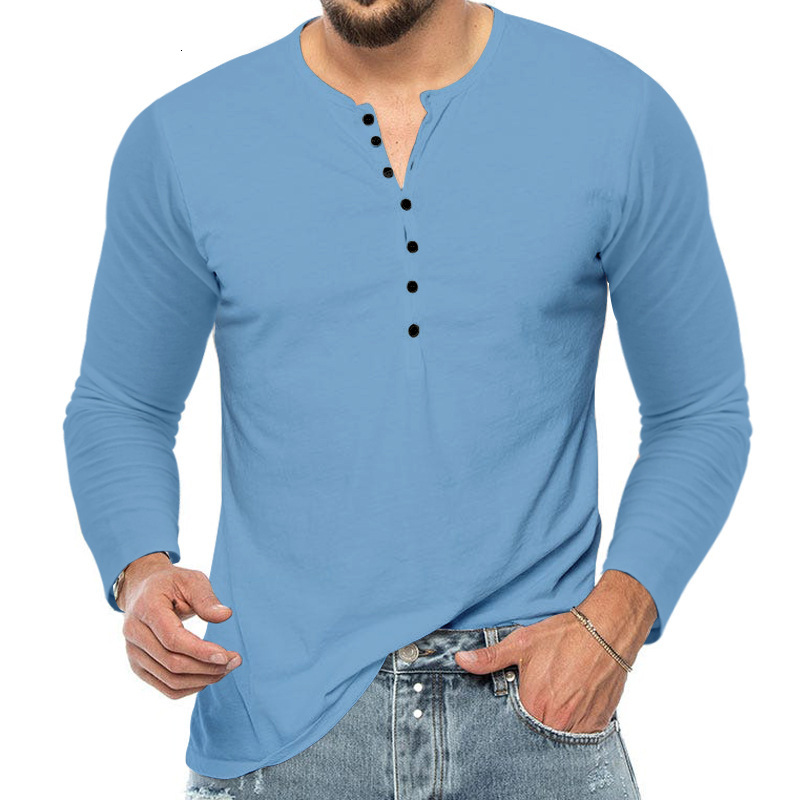 2025 New Men's Spring and Autumn Long Sleeve T-Shirt Slim Fit Button V-Neck Thin Base Shirt