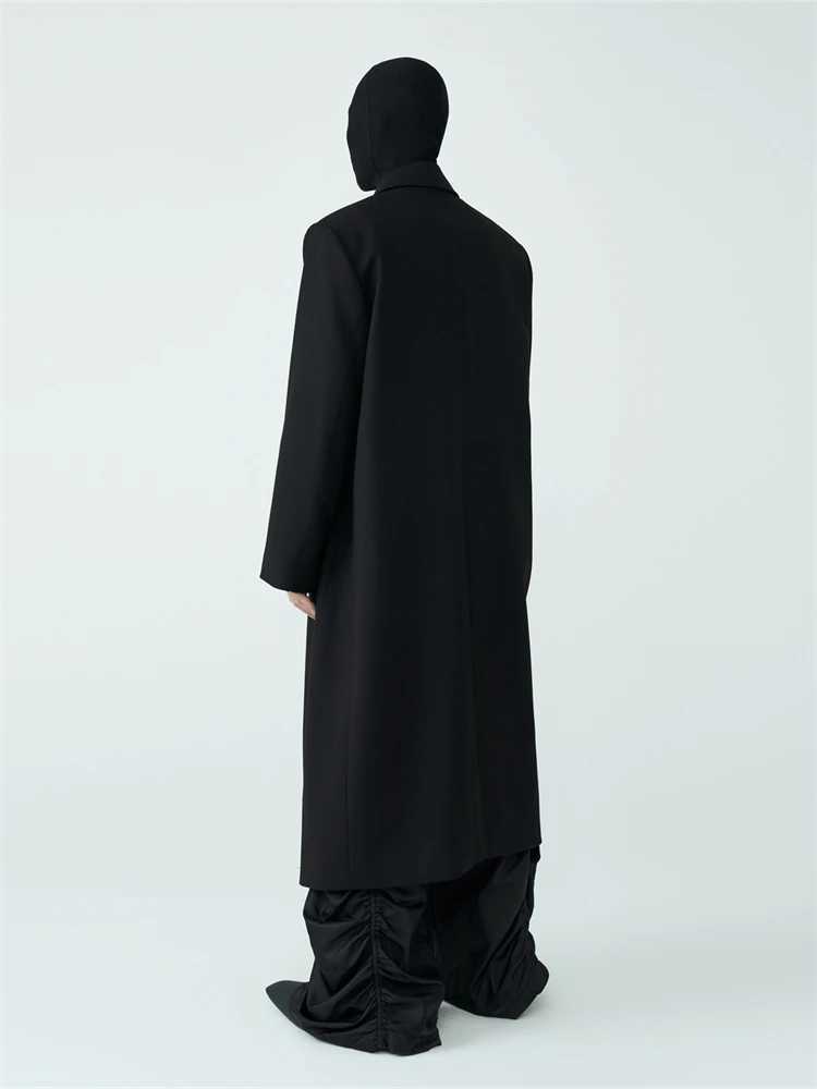 High Street Long Woolen Trench Coats Trench Coat Mens Wool Buttonless Loose Shoulder Pads Mid Length Spliced Black Coat J251017