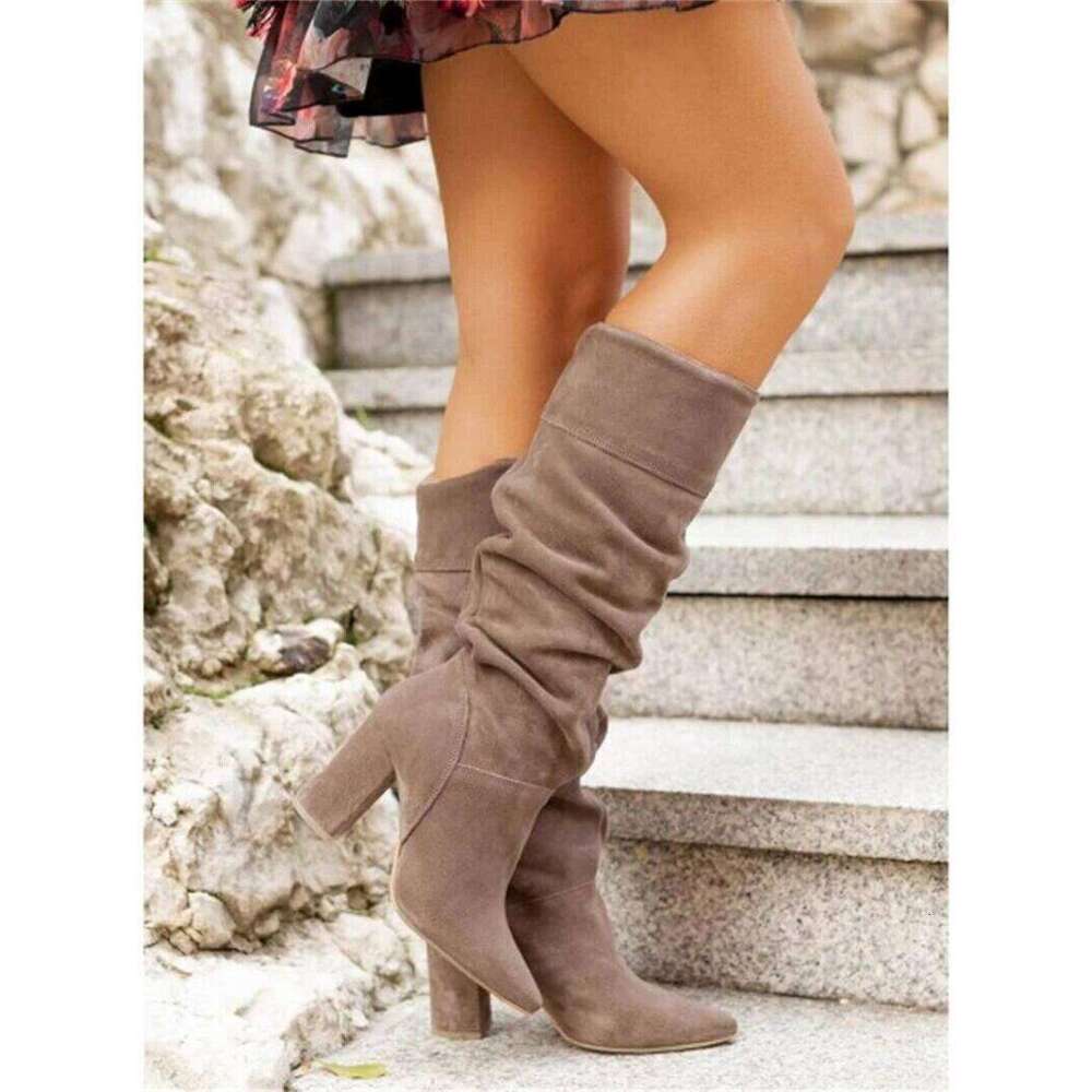 2023 Winter Designer Suede Casual High Heels Shoes For Women Retro Elegant Lady Mid Calf Boots Plus Size