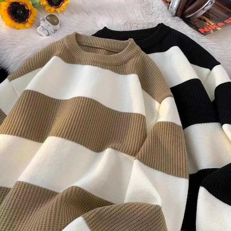 2025 Winter Mens Long Sleeve Striped Sweater Korean Fashion Pullover Knitted Sweaters Casual Crewneck Pullovers Y2K Streetwear 251017