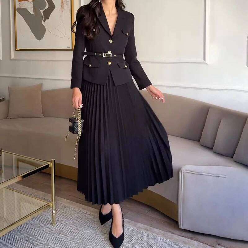 Simple Solid Color Commuting Outfit Elegant Temperament Slim Women's 2pc Set 2025 Spring Long Sleeved Jacket and Skirt Suit