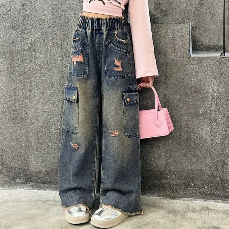 Womens WideLeg Cargo Jeans for Tween Girls Straight Leg Big Kid Autumn Pants Stylish School Jeans for Girls Hot Sale 2025T251017
