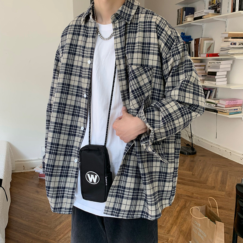 Plaid Shirt Men's Long Sleeve Autumn Trendy Top Ins Loose Cool Casual Jacket