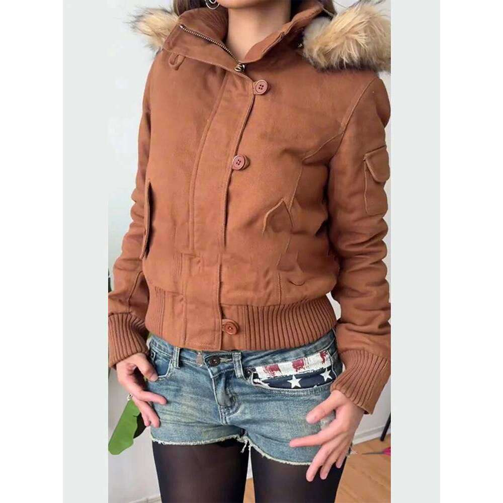 Fur Collar Women's Hooded Elastic Hem Long Sleeve Pocket Single Breasted Female Jacket Autumn Casual Coat For Ladies down coat