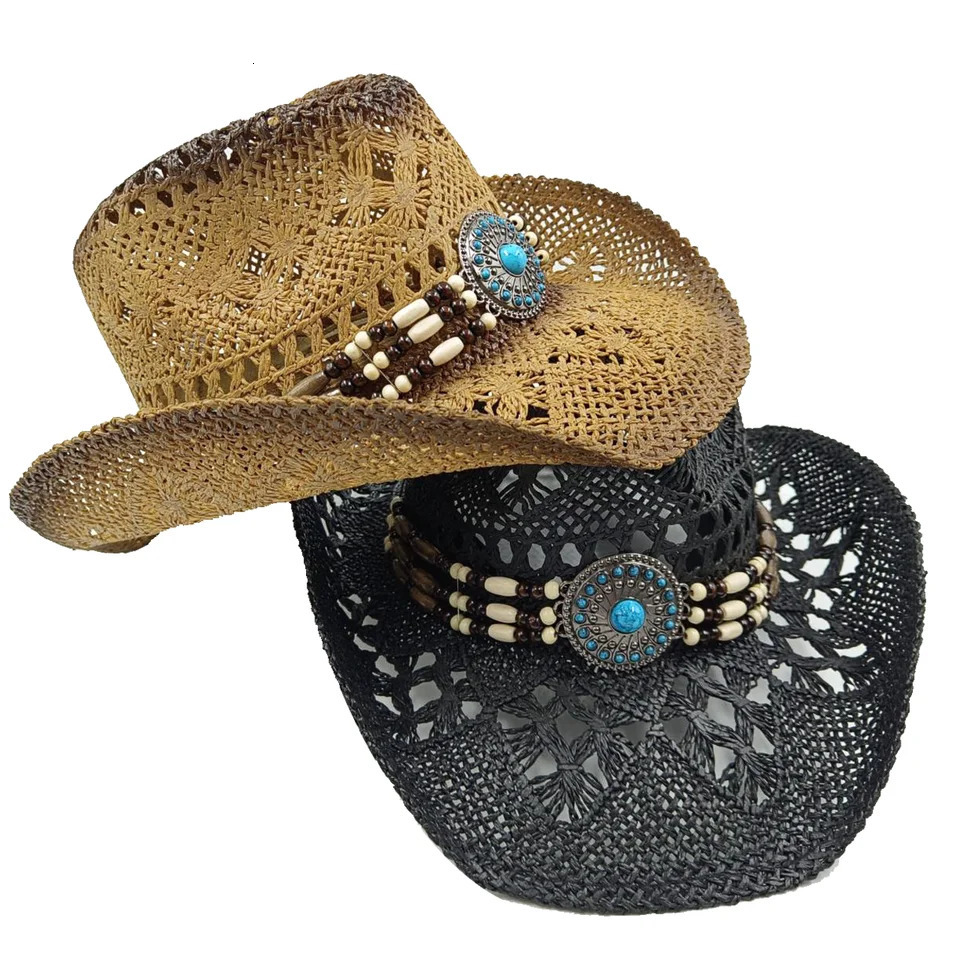 Ethnic Cowboy hat Black retro straw hat mens and womens jazz Cowboy hat straw hat sun hat summer hat sombrero 251015