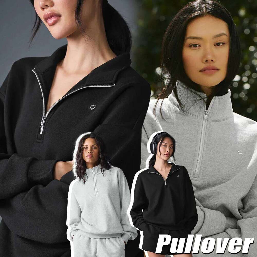 Women Sweatshirt Hoodie Outifits Yoga Running 1/4 Zip Up Gray Pullovers Female Fashion Loose Cotton Turtleneck Top Sportswear