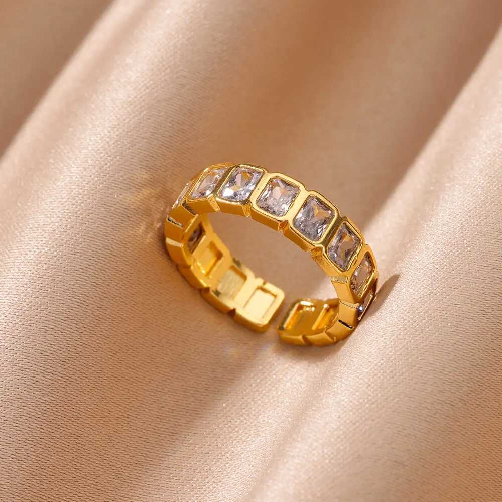 Colorful Cubic Zircon Ring for Women Stainless Steel Gold Color Open Ring Vintage Boho Wedding Party Jewelry Gift Accessories Z251017