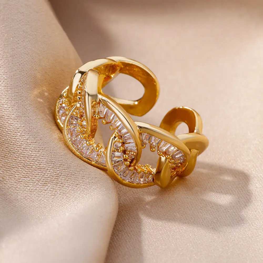 Stainless Steel Chain Rings For Women Gold Color Zircon Adjustable Finger Ring 2023 Trend Wedding Jewelry inoxidable anillosW251017