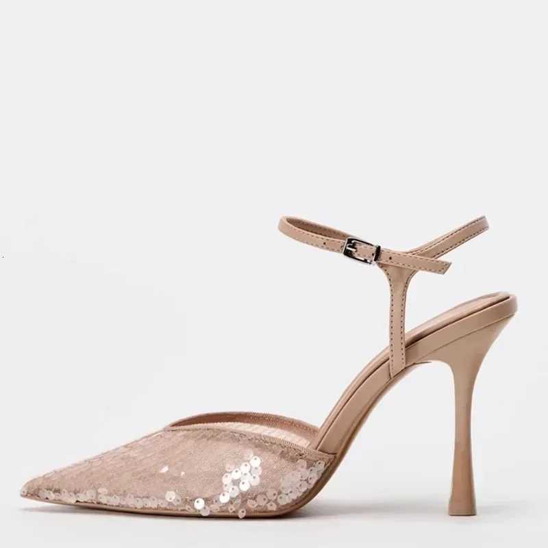 Luxury Designer Mesh Thin high Heeled Sandals Women Sexy Pointed Toe Bling Pumps Beige Open Heel Ankle Strap Wedding Party Shoes Z251015