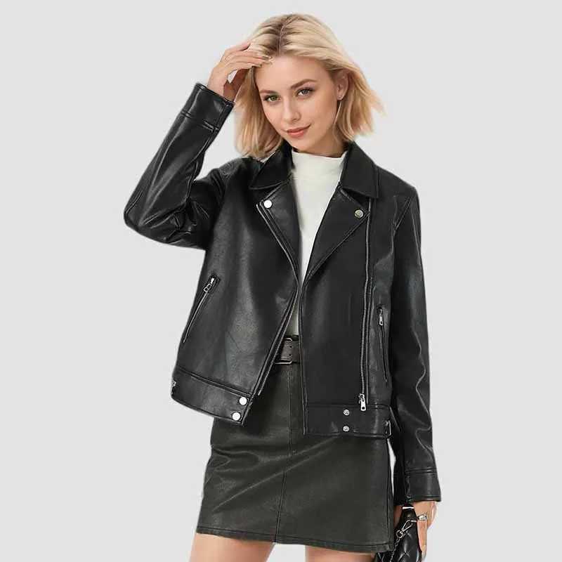 2025 Autumn New Womens Black Leather Jacket Vintage Zipper Turndown Collar Motorcycle Short Jackets Chic Pu Faux Leather CoatT251017