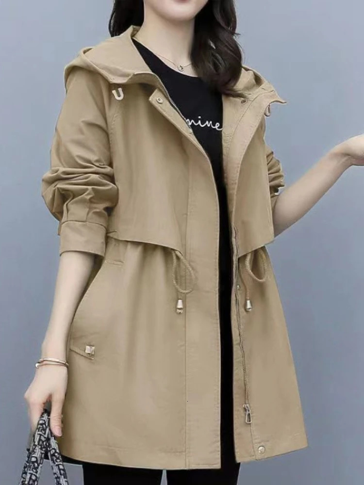 Spring and Autumn Womens Midlength Trench Coat Hooded Zipper Tiein Jackets British Style Loose Coats Womens Clothing 251013