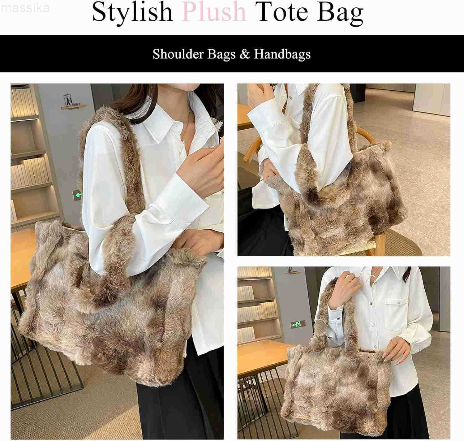 Tote Bag Large Fur Purses for Women Winter Fuzzy Totes Furry Shoulder Handbag Plush Bags M251017