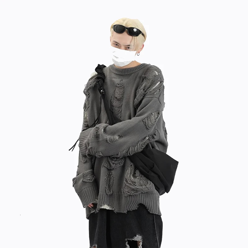 Two Pieces Hole Mens Sweaters Knit Oversize Y2k Hollow Knitwear Subculture Reversible Cardigan Coats Mens Clothing 251017