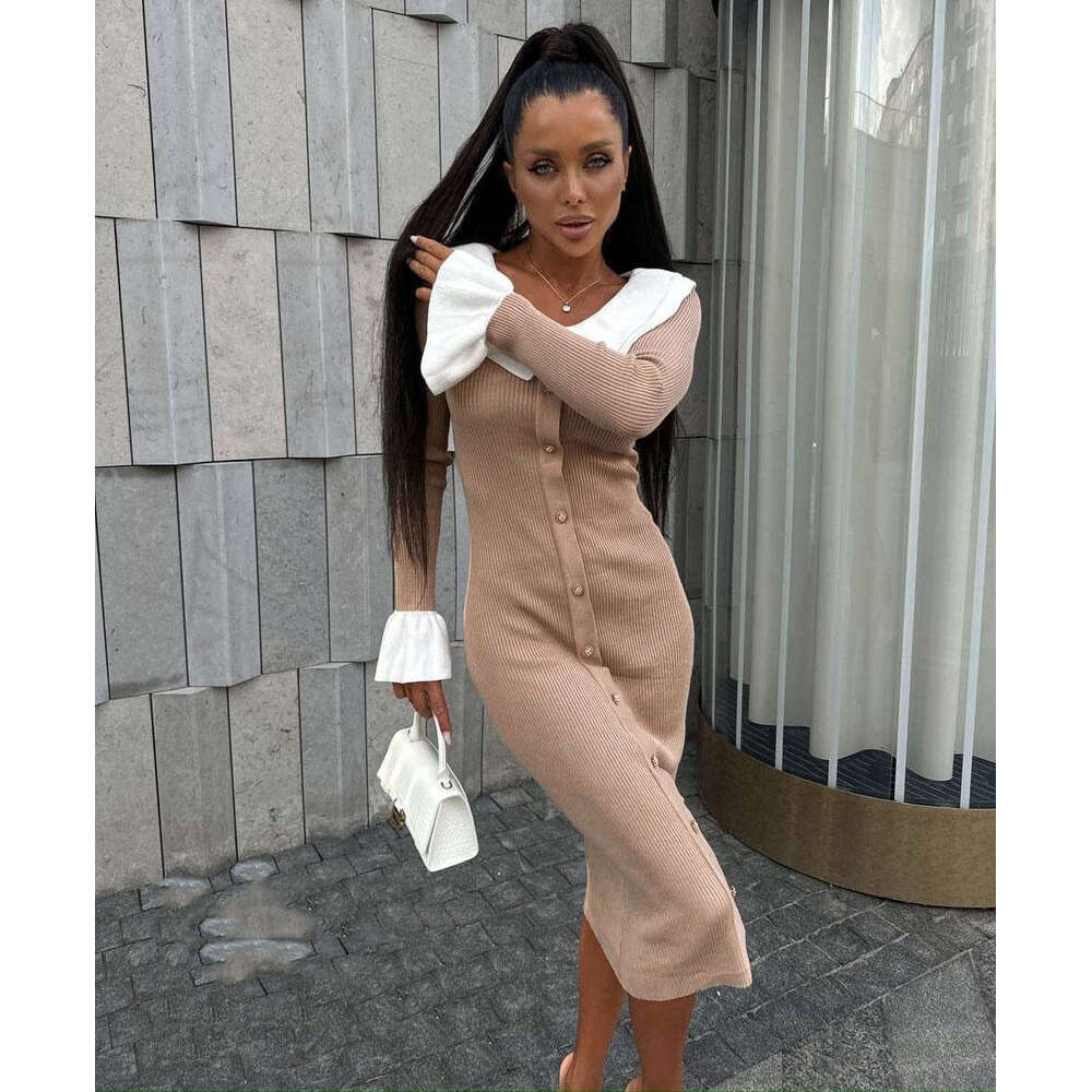 Autumn Winter New Knitted Sweater For Women Fashion Patchwork Color Block Slim Elegant Temperament Dress B5