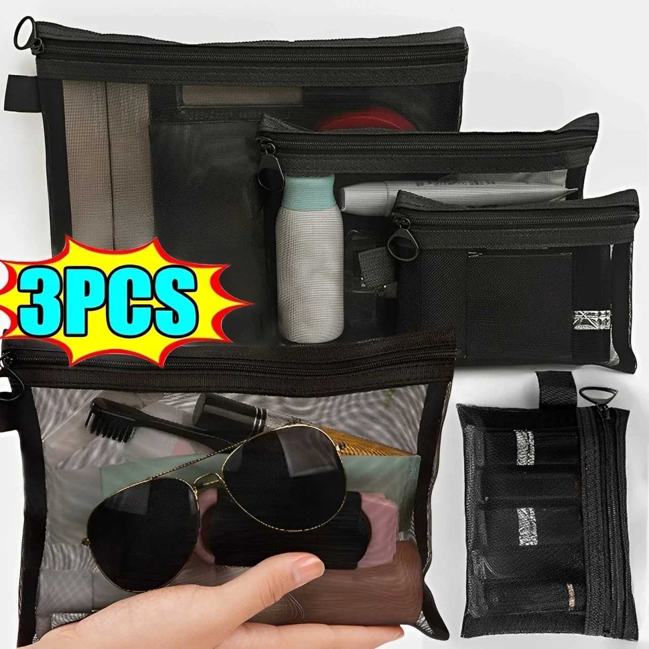 13pcs Mesh Clear Cosmetic Bags Small Large Black Makeup Bag Portable Travel Toiletry Organizer Case Lipstick Storage Pouch W251017