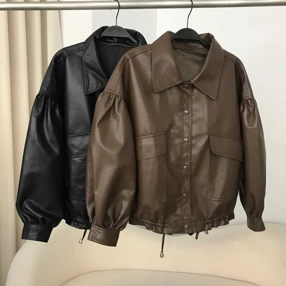 DEBAIFUR 2025 New Spring Autumn Korean Style Singlebreasted Short Leather Jacket Women Brown Loose Top Artificial Leather PUT251017