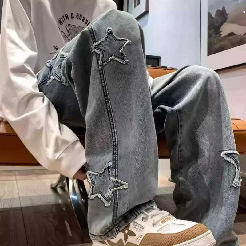 Star Embroidery Straight Casual Men Jeans Gothic Neutral New Wide Leg Loose Hiphop Fashion Youth Streetwear Denim Trousers Y2K1 Y251105