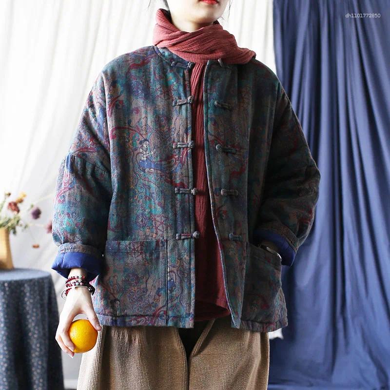 Women's Jackets Pastoral Cotton Pattern Printed Short Cotton-padded Jacket Womens Autumn-winter Vintage Disc Buckle Loose Version Thickened