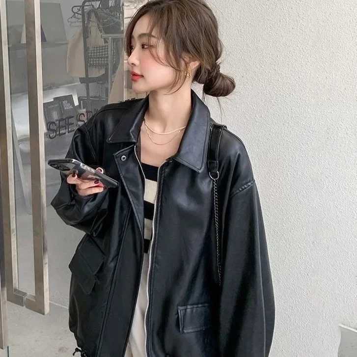 Spring Autumn Oversized Casual Waterproof Black Soft Pu Leather Jacket Women with Drop Shoulder Long Sleeve Fashion 2023T251017