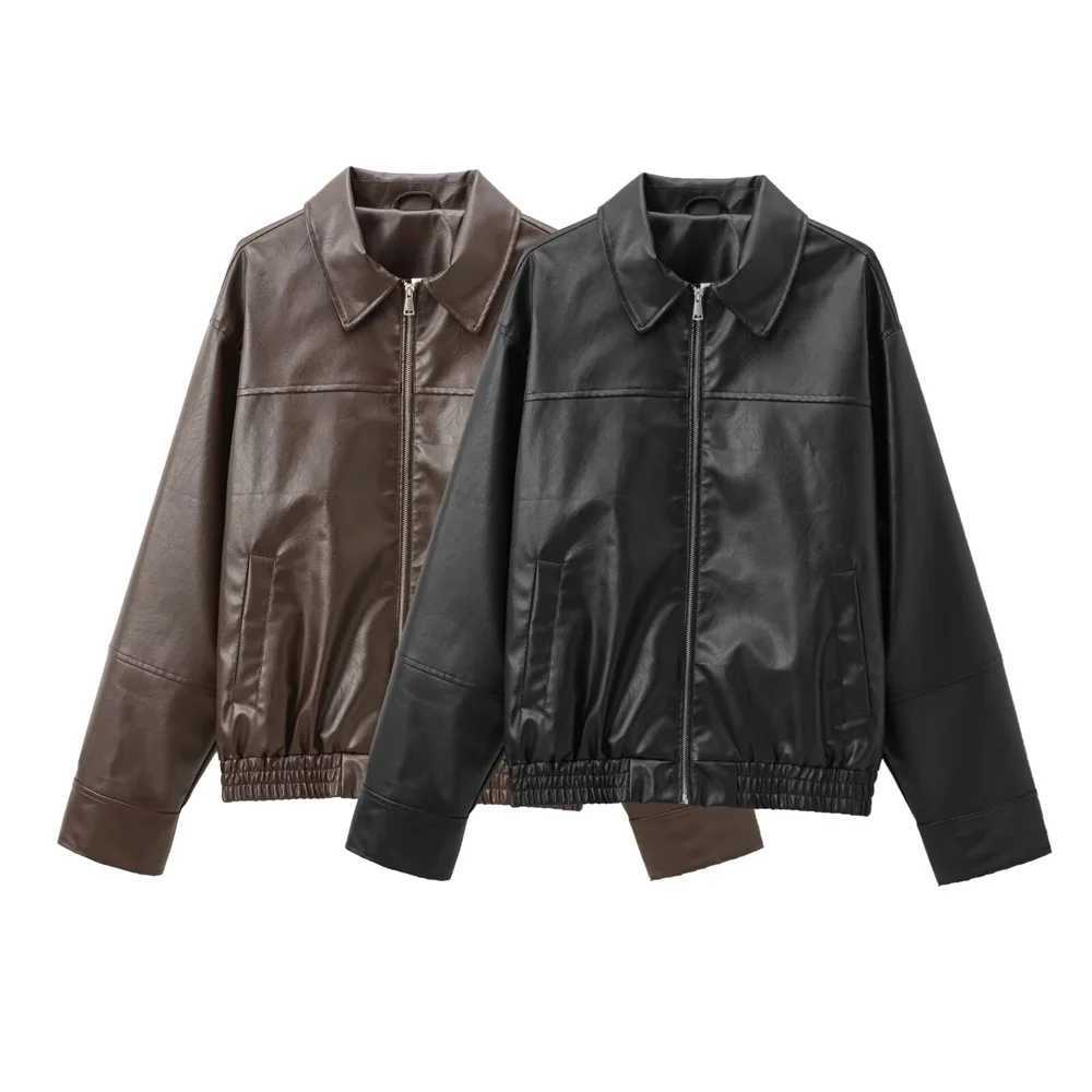AutumnWinter New Product Casual Womens Fashion Simple Collar Long Sleeve Imitation Leather Pilot Jacket CoatT251017