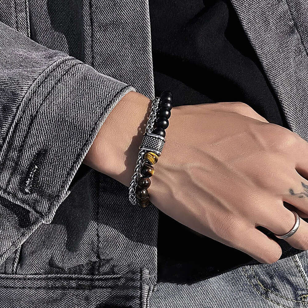 New Matte Map Stone for Men Double Layer Beaded OT Buckle Lucky Bead Titanium Steel Versatile Bracelet Jewelry Trend