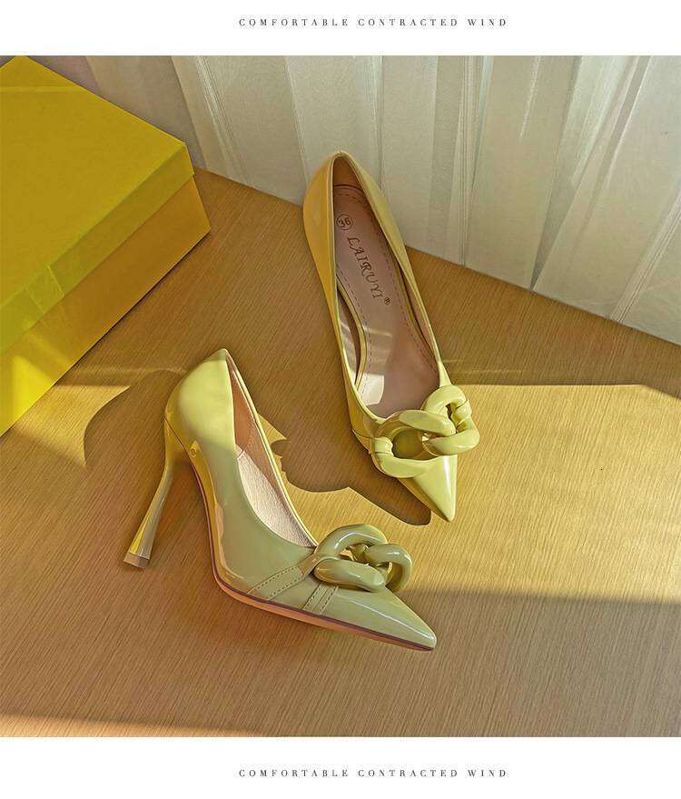 Plus Size Women Shoes Leather Fashion Chain Pointed Toe Shallow Mouth All-Match High Heel Shoes