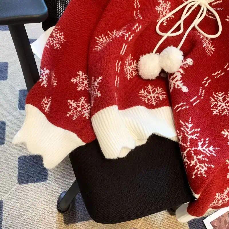 Women's Sweaters Christmas Snowflake Sweater Women Jumper Bow V Neck Long Sleeve Knitted Winter Pullover Tops Korean Fashion