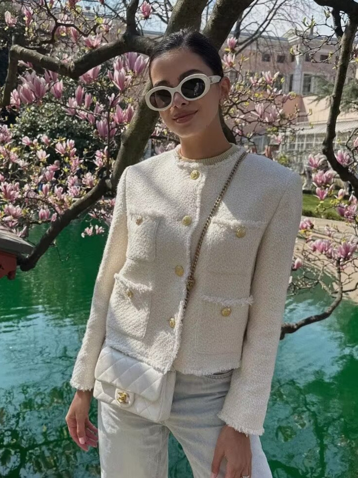 Bestseller Women Camel Elegant Tweed Cropped Jacket Autumn Button Frayed Long Sleeve Jackets Female Fashion O-neck Pocket Short Coats 240708 ddmytues