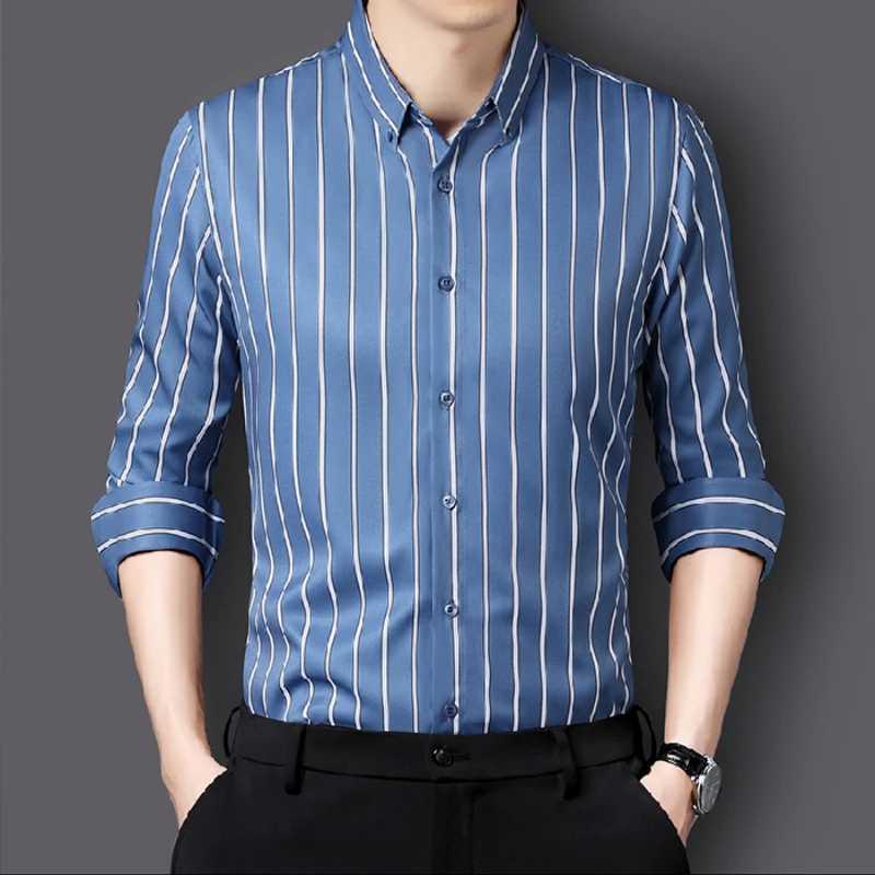 Fashion Stripe Stretch Mens Shirts Long Sleeve New AntiWrinkle Dress Shirts Male Button Slim Social Business Casual Shirt J251017