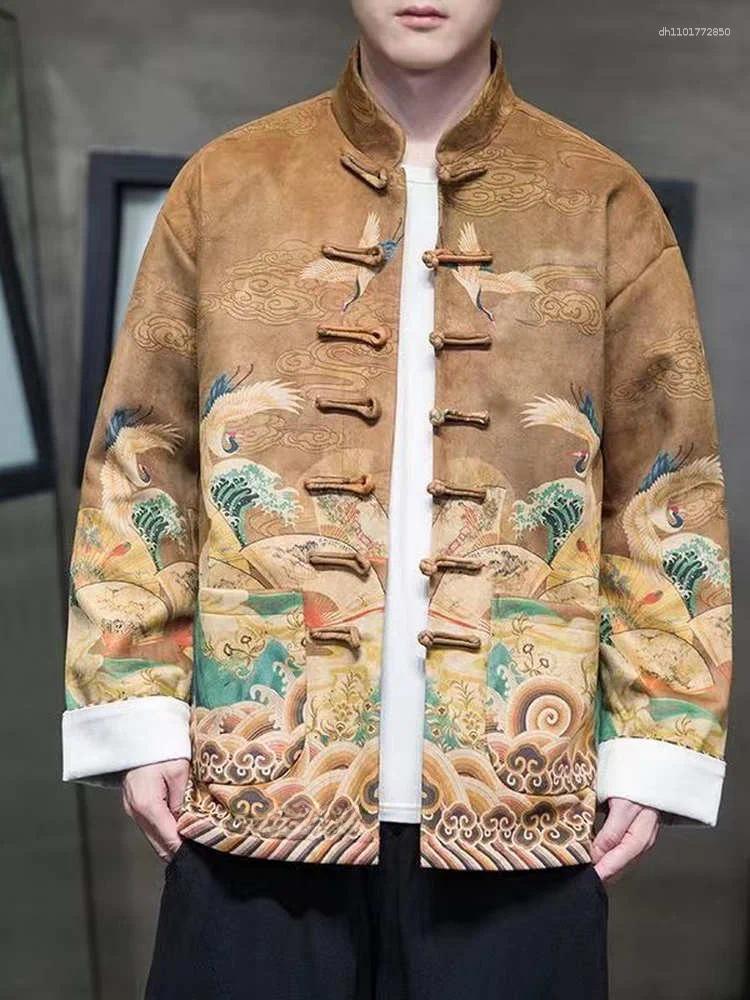 Men's Jackets Spring Autumn Youth Chinese Sle Jaet Printed Hanfu Coat Stand Collar Button Up Loose Fit Wear Resistant Long Sve