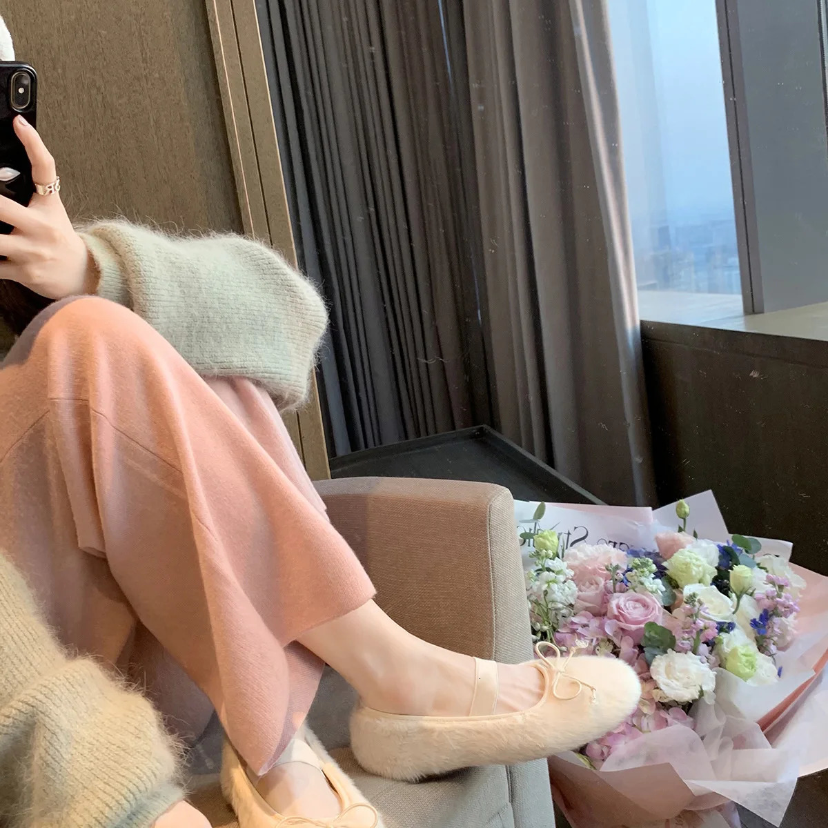 Sweet Furry Bowtie Ballerinas Women Fur Lined Ballets Winter Round Toe Flats Female Bridal Wedding Shoes Dance Mocasines Mujer 251013