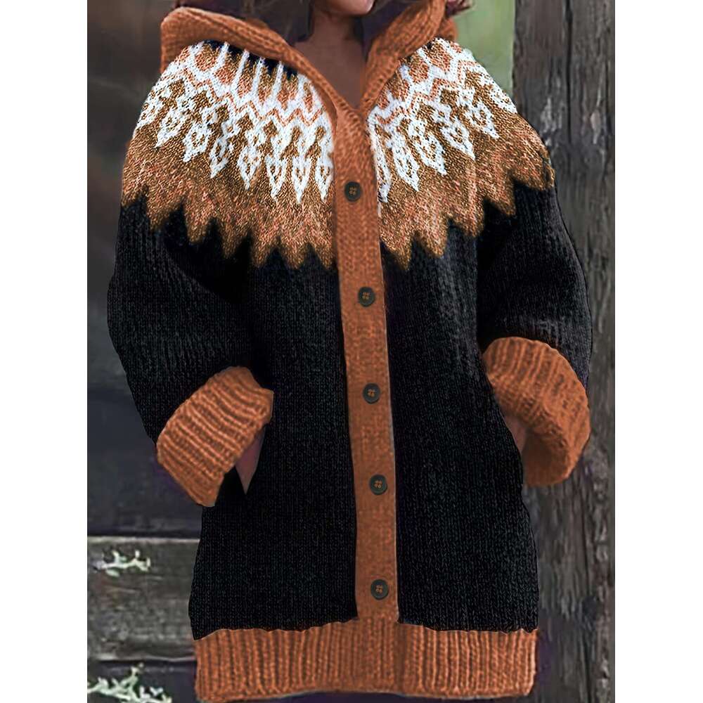 Plus Size, Soft Thick Jacquard Snow Mountain Glacier Gradient Tie-Dye Hooded Cardigan Elegant Fashion Comfortable Casual Vintage Sweater Oversized Jac