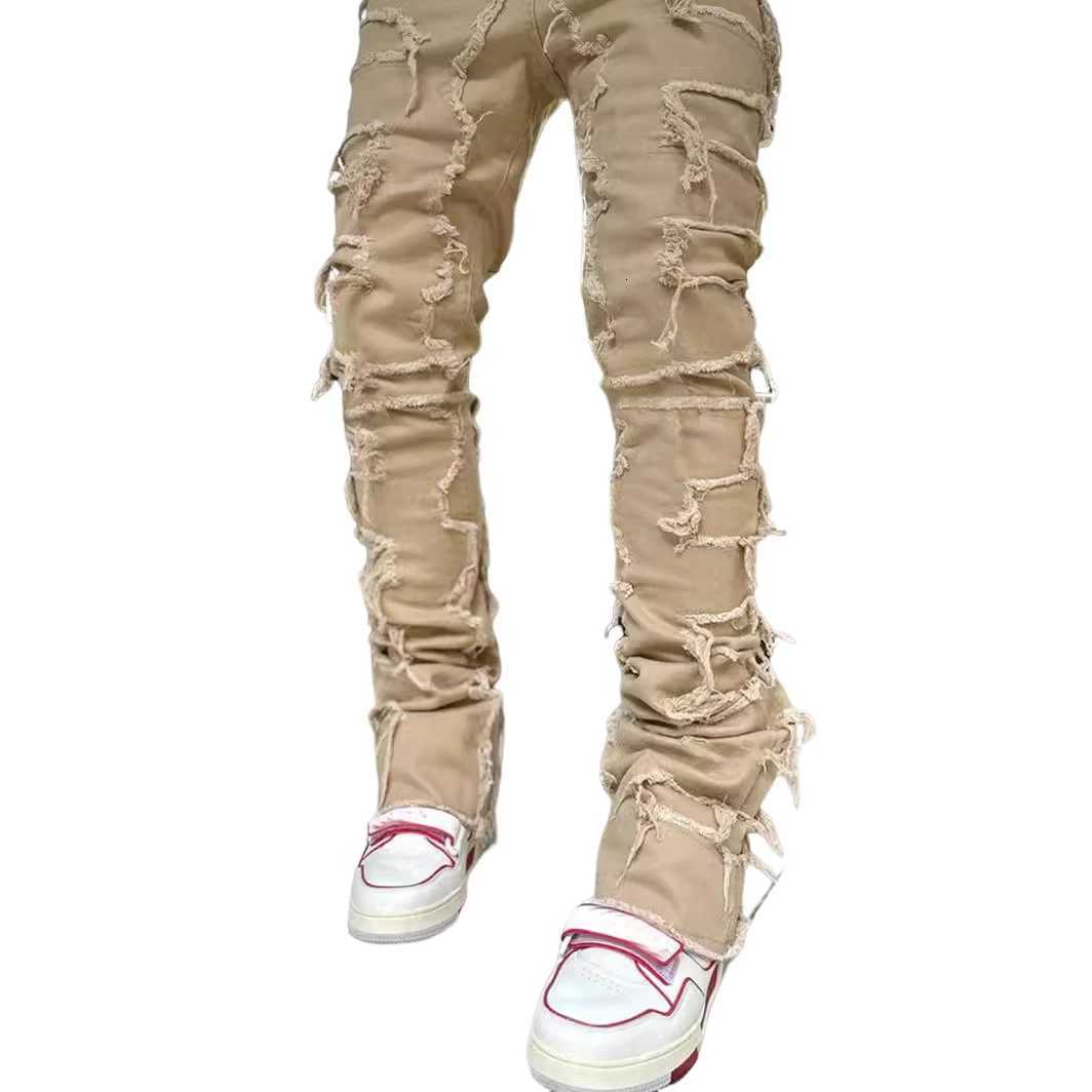 Mens Straight Leg Jeans Faionable Streetwear Elastic Patchwork Denim Long Trousers mid Waist Zipper Closure Cotton Blend Y251105