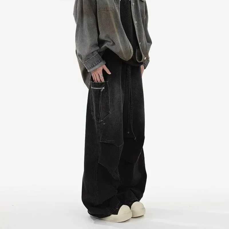 1 Washed Vintage Wide Leg Mens Jeans High Street Loose Straight Casual FloorLength Trousers Y251105