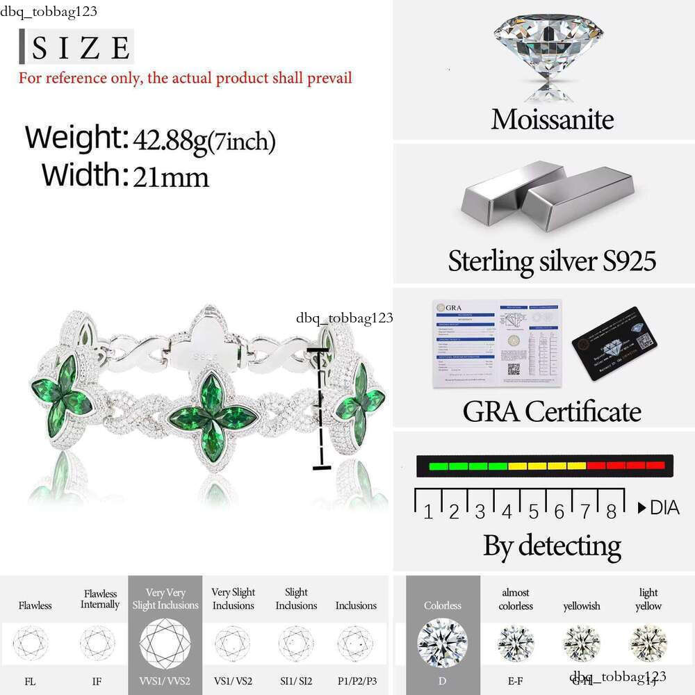 Fashion 21mm Sterling Sier Colorful Marquise CZ VVS Moissanite Four-Leaf Clover Infinity Cuban Chain Bracelet