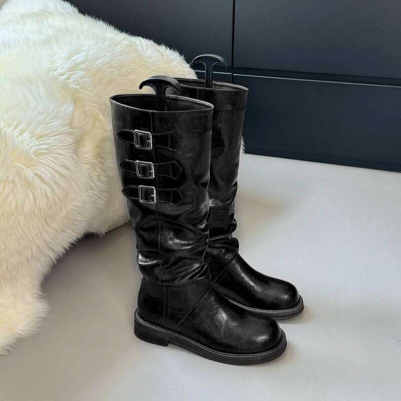 Cameido Women Fashion Pleated Stackable High - Heel With Belt Buckle Retro Knight Boots