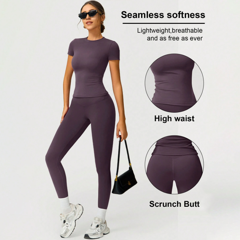 High waisted buttock lifting quick drying long sleeved yoga trousers Two piece yoga outfit Yoga Set Deep purple