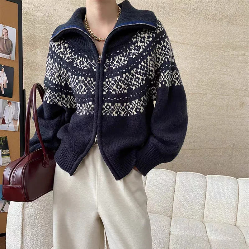 Korean Double Zipper Retro Christmas Jacquard Womens Knitted Cardigan Autumn Winter Fashion Turn Down Collar Casual Sweater 251013