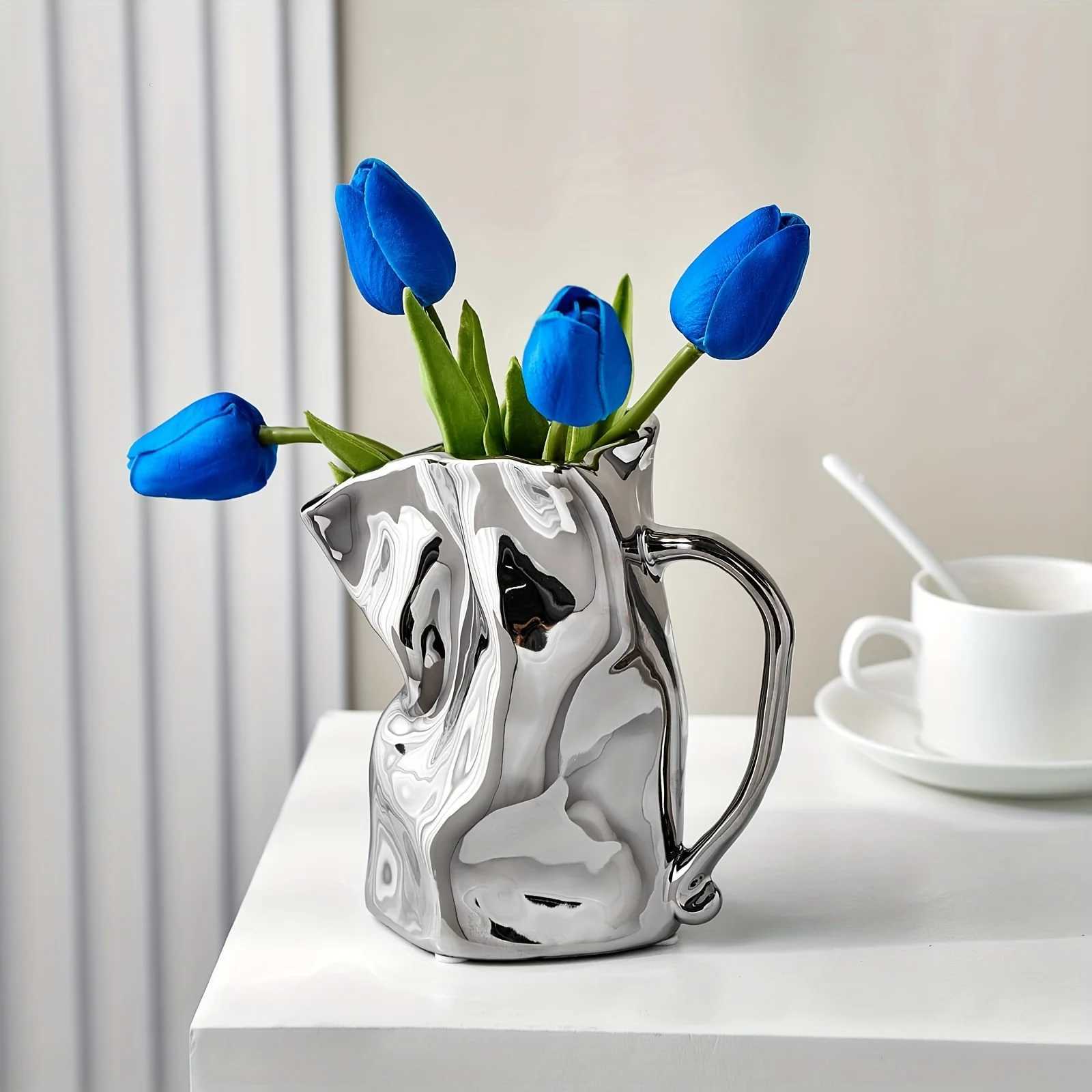 Creative Pleated Paper Bag Silvery Ceramic Vase Unique Aesthetic Vases For Living Room Coffee Table Bathroom Table Decor C251017