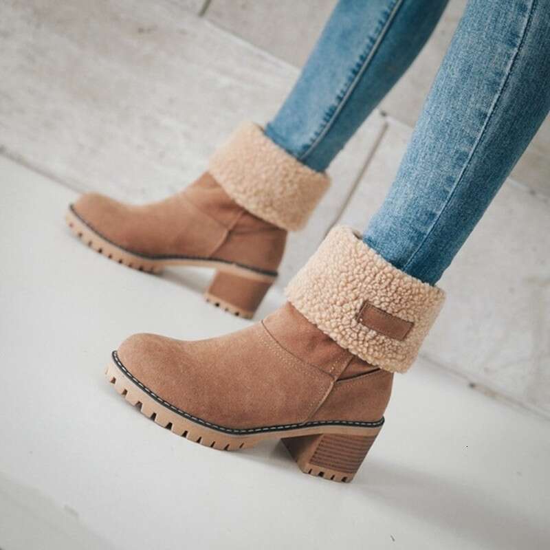 Women's Mid-Length Thick Heel Fur Snow Boots And Cotton Shoes