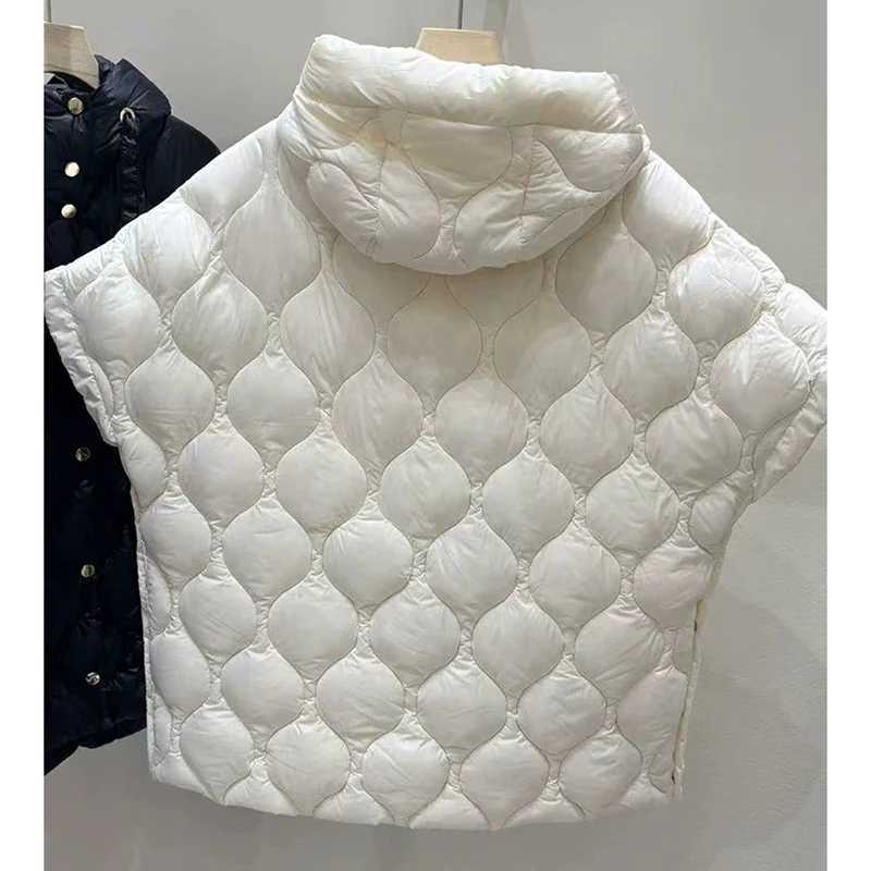 Schinteon Womens 90 White Duck down Vest Irregular Sleeveless Jacket with Hood Solid Color Fashionable Autumn Winter Top 2025 W251016