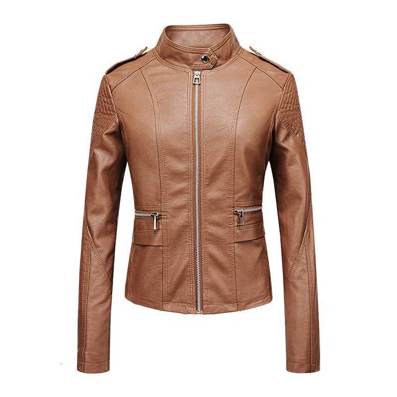 Womens Leather Jacket Spring Autumn Short Motorcycle Suit PU Leather Jackets Stand Collar Long Sleeve Zipper Slim Coats TrendT251017