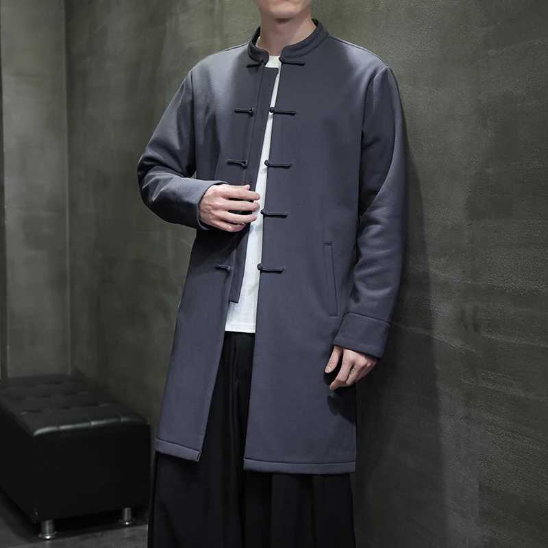 Chinesestyle Blue Long Jacket Mens Gray Singlebreasted Standup Collar Trench Coat Spring Fall Winter Top J251017
