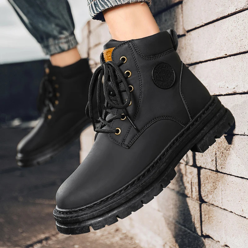 Mens high top boots four season outdoor work shoes anti slip and comfortable yellow boots fashion British casual leather boots 251013