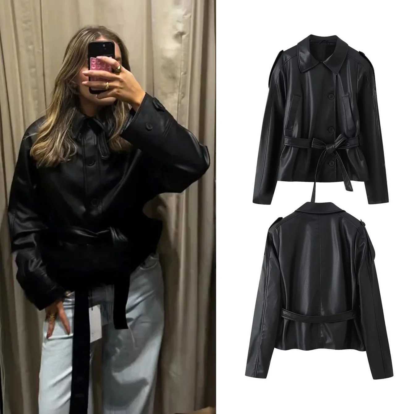 Woman Autumn Faux leather Jacket Solid TurnDown Collar Long Sleeves Pocket Belt SingleBreasted Female Streetweer CoatsT251017
